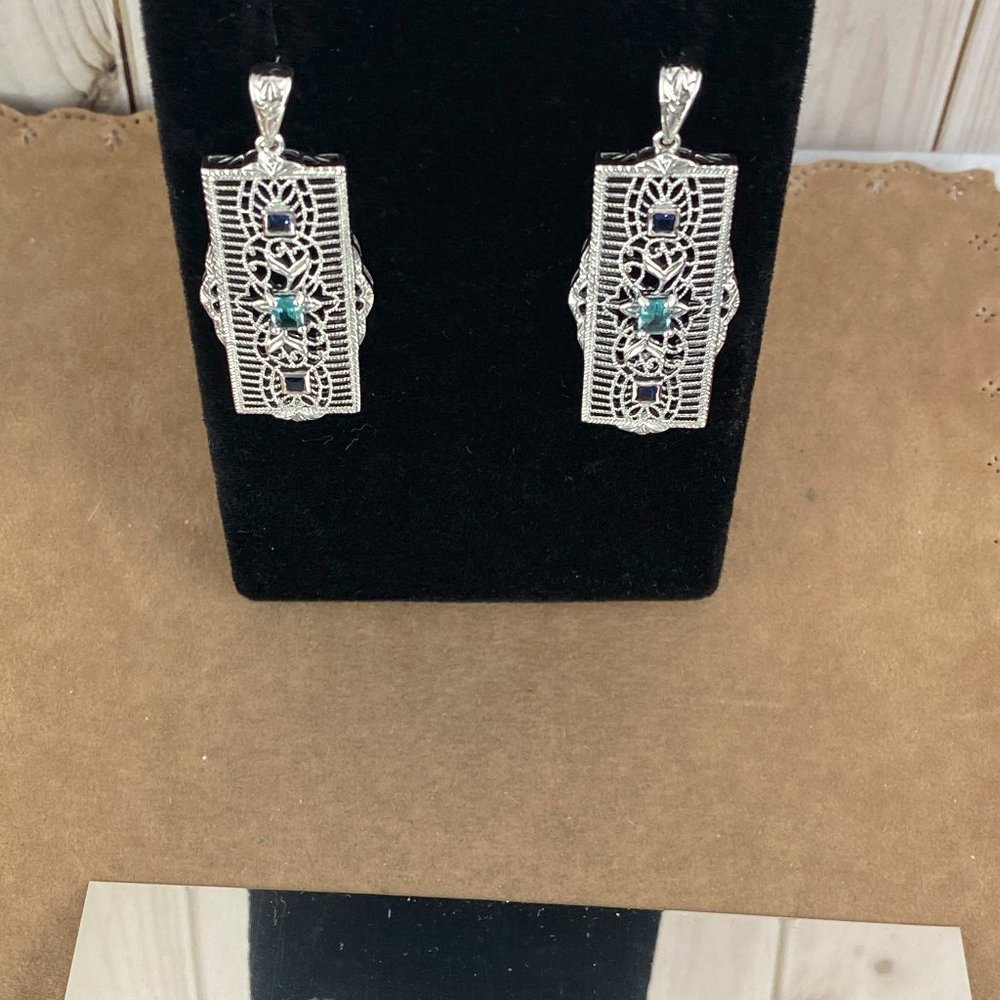 Dazzling 4x3MM Radiant Aquamarine & 2MM Blue Sapphire 925 Filigree Earrings